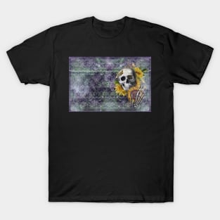 Skull and Sunflowers on Grunge Background T-Shirt